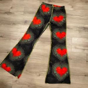 Omighty funky  green red hearts stretch belled hippie  pants XS